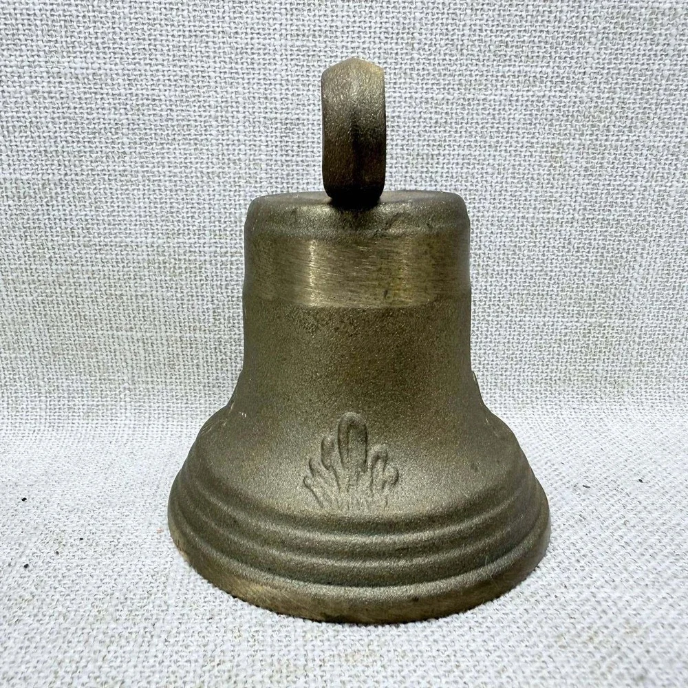Vintage Heavy Brass Hand Bell Fleur-de-Lis Emblem Antique Style School Bell 5in